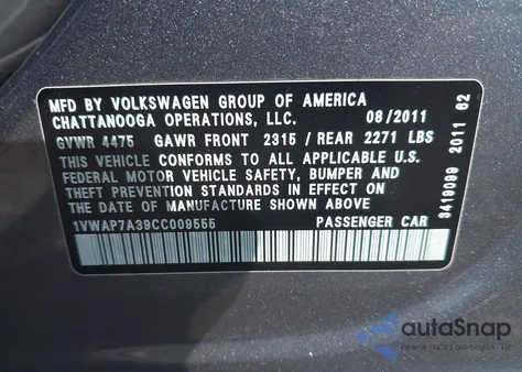 2012 Volkswagen Passat 2.5L S из США, поврежденный, VIN 1VWAP7A39CC009555